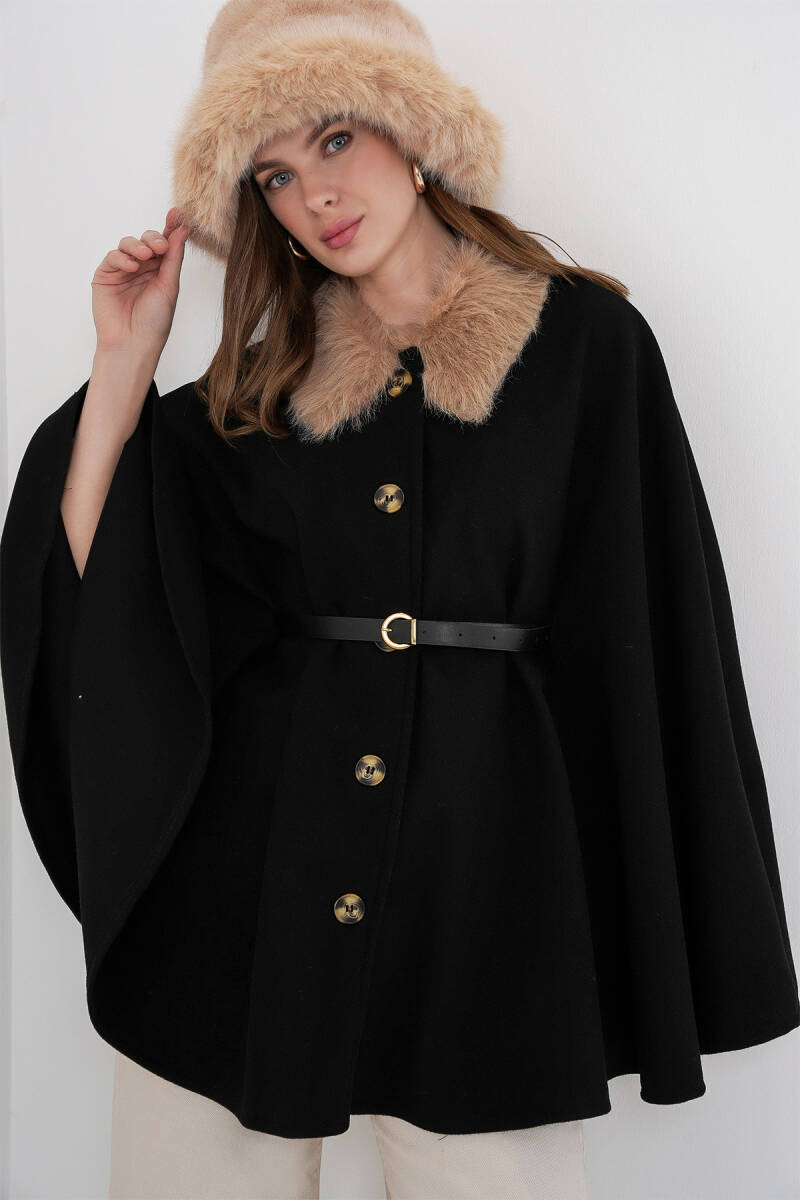 Kadın Kemerli Kaşe Panço 9165 - Siyah - BİGDART