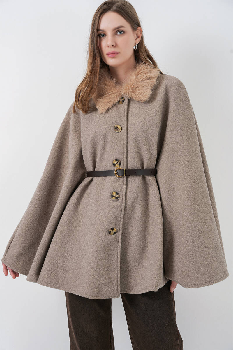 Kadın Kemerli Kaşe Panço 9165 - Taş - BİGDART