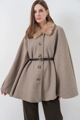 Kadın Kemerli Kaşe Panço 9165 - Taş - BİGDART