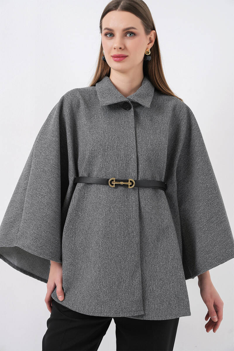 Kadın Kemerli Kaşe Panço 9170 - A.Gri - BİGDART