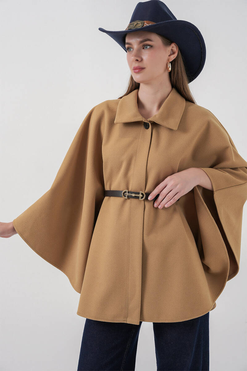 Kadın Kemerli Kaşe Panço 9170 - Bisküvi - BİGDART