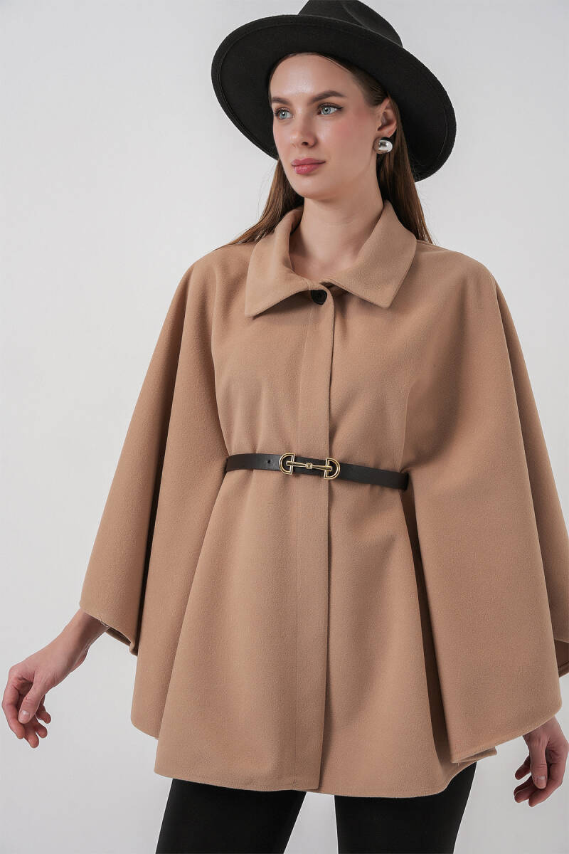 Kadın Kemerli Kaşe Panço 9170 - Camel - BİGDART