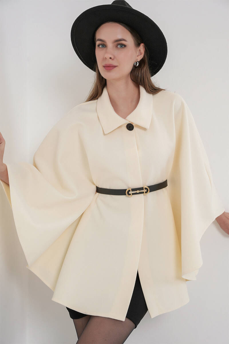 Kadın Kemerli Kaşe Panço 9170 - Ekru - BİGDART