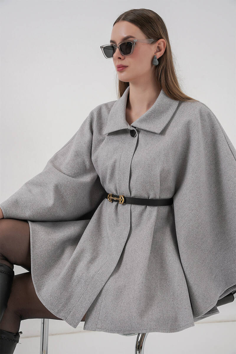 Kadın Kemerli Kaşe Panço 9170 - Gri - BİGDART