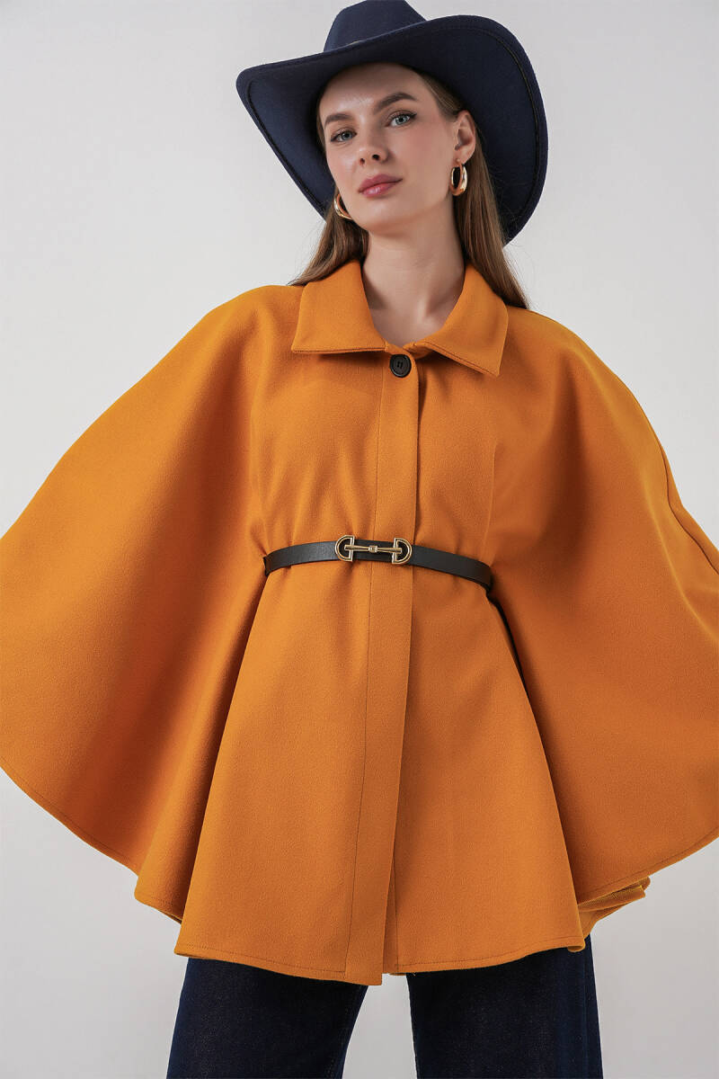 Kadın Kemerli Kaşe Panço 9170 - Hardal - BİGDART