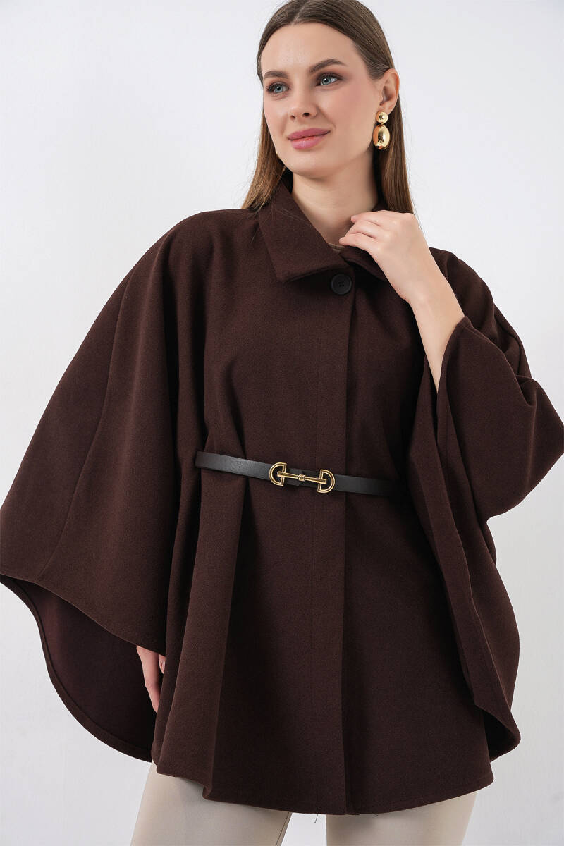 Kadın Kemerli Kaşe Panço 9170 - Kahverengi - BİGDART