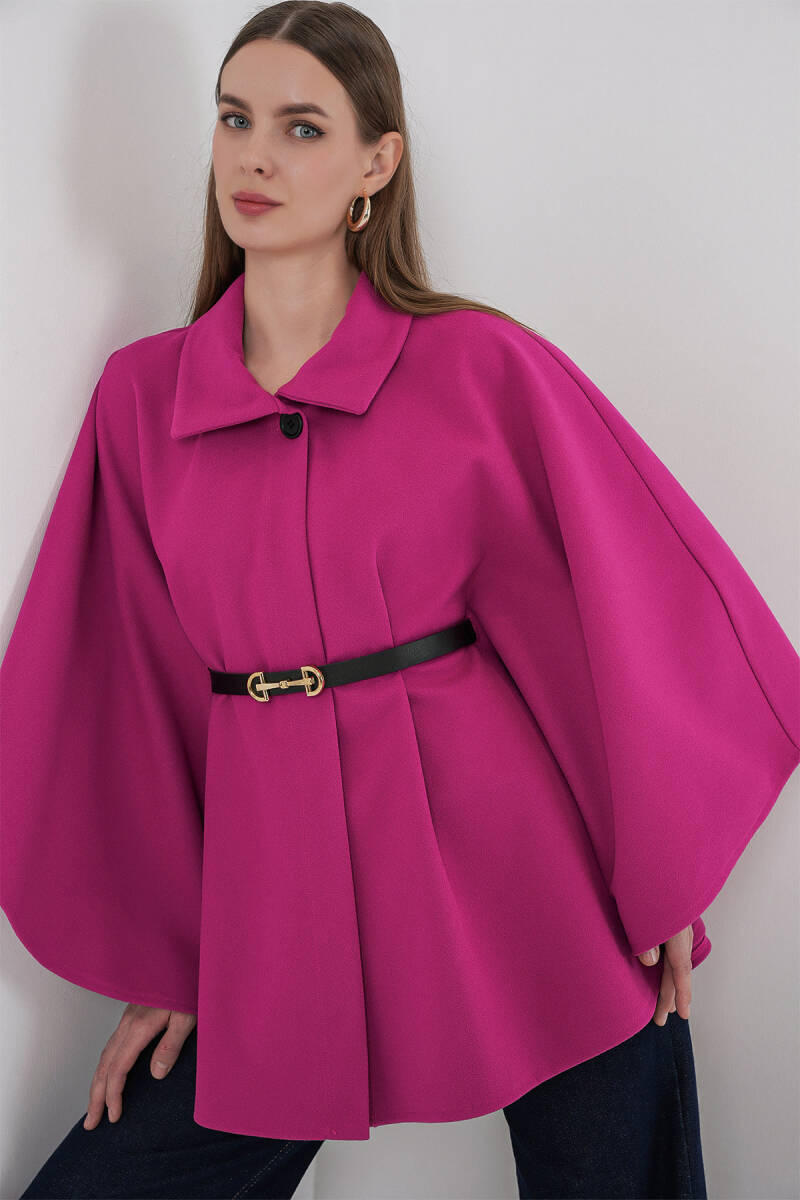 Kadın Kemerli Kaşe Panço 9170 - Koyu Pembe - BİGDART