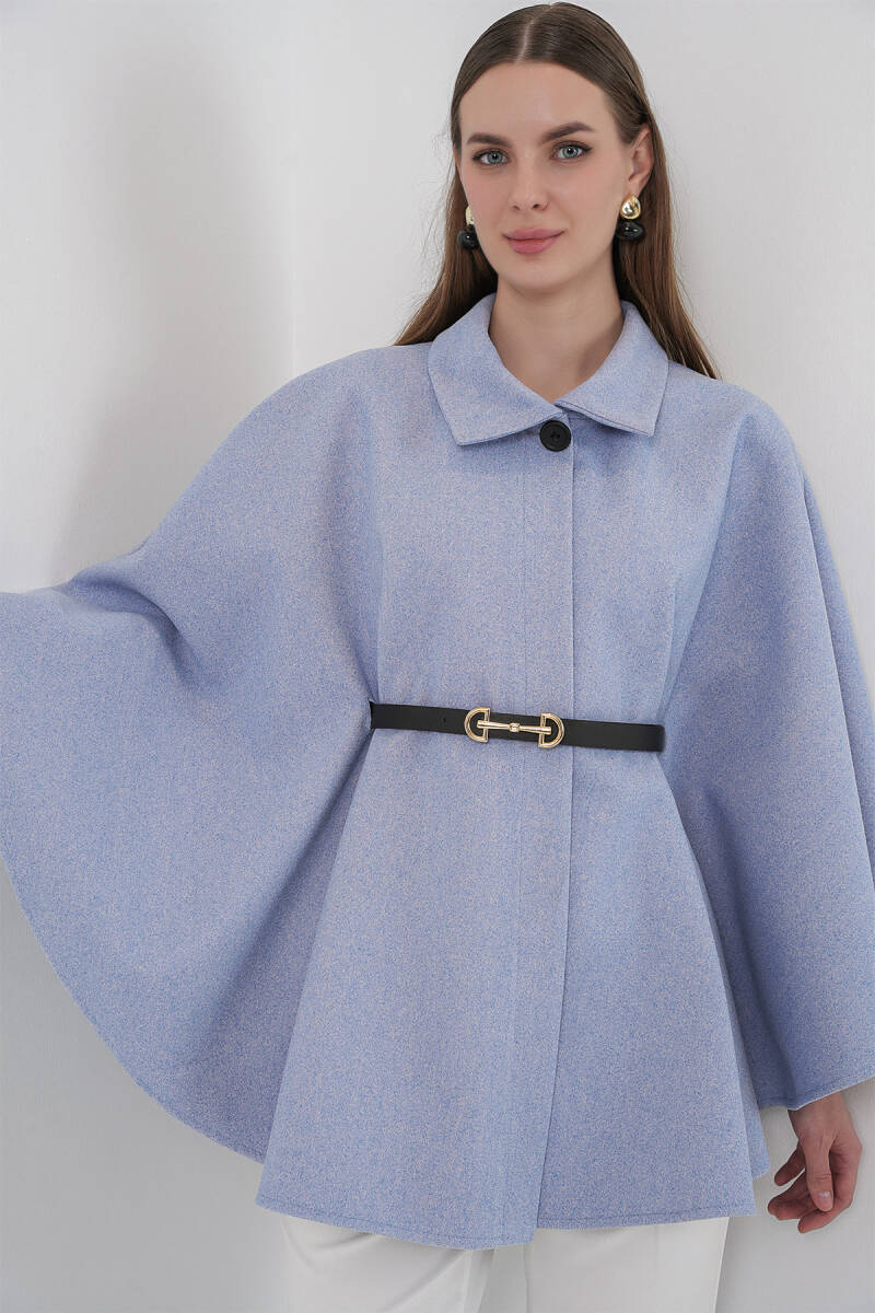 Kadın Kemerli Kaşe Panço 9170 - Mavi - BİGDART