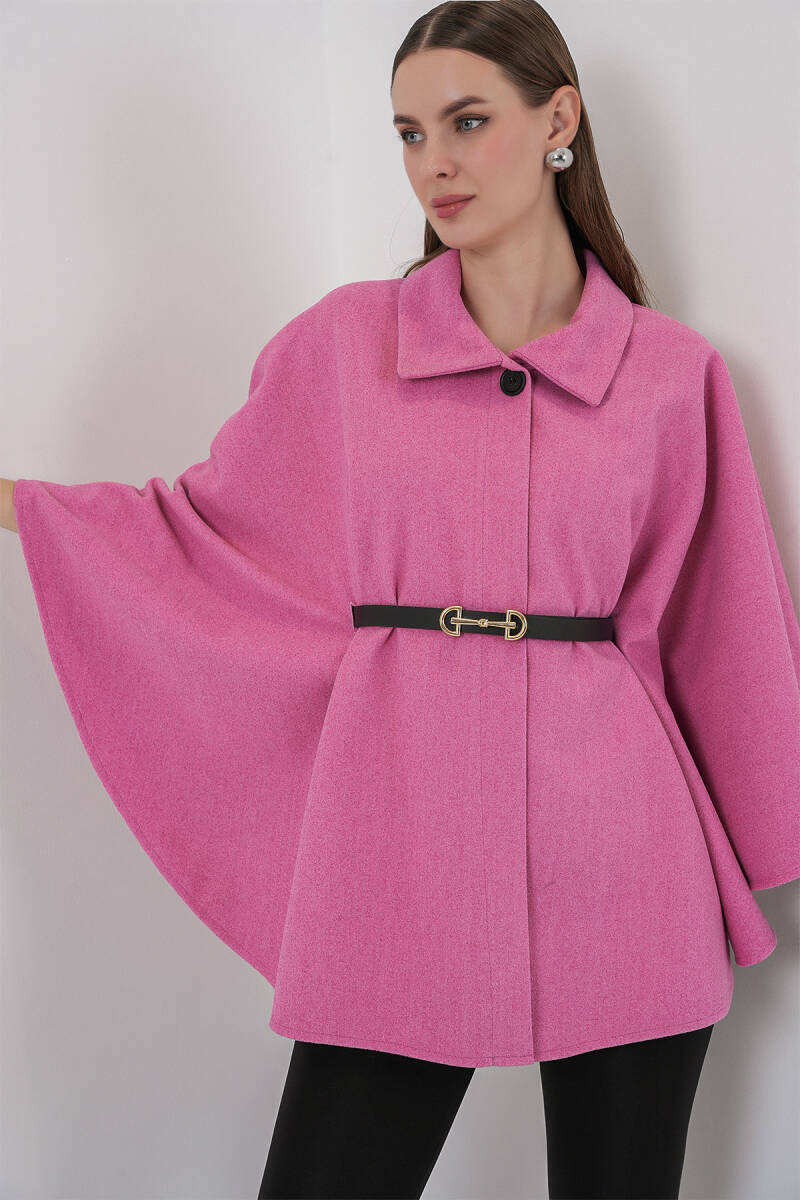 Kadın Kemerli Kaşe Panço 9170 - Pembe - BİGDART