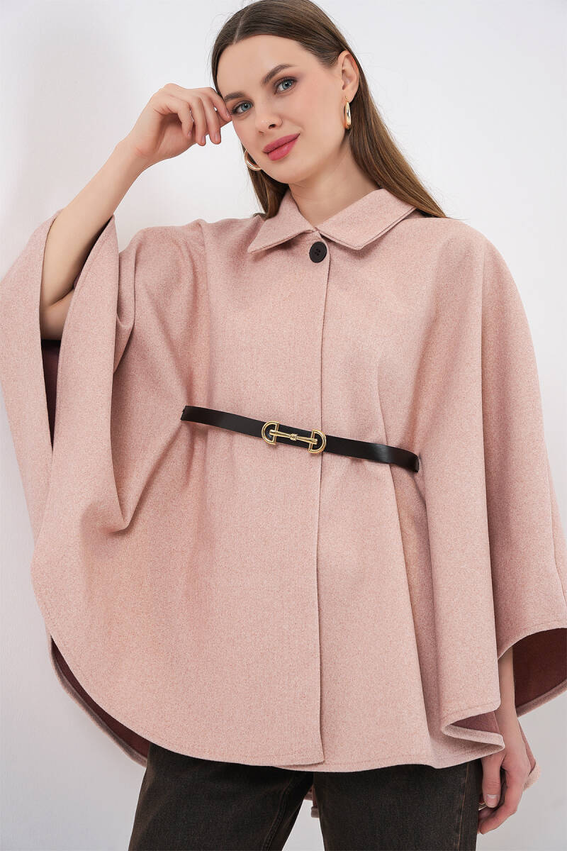 Kadın Kemerli Kaşe Panço 9170 - Pudra - BİGDART