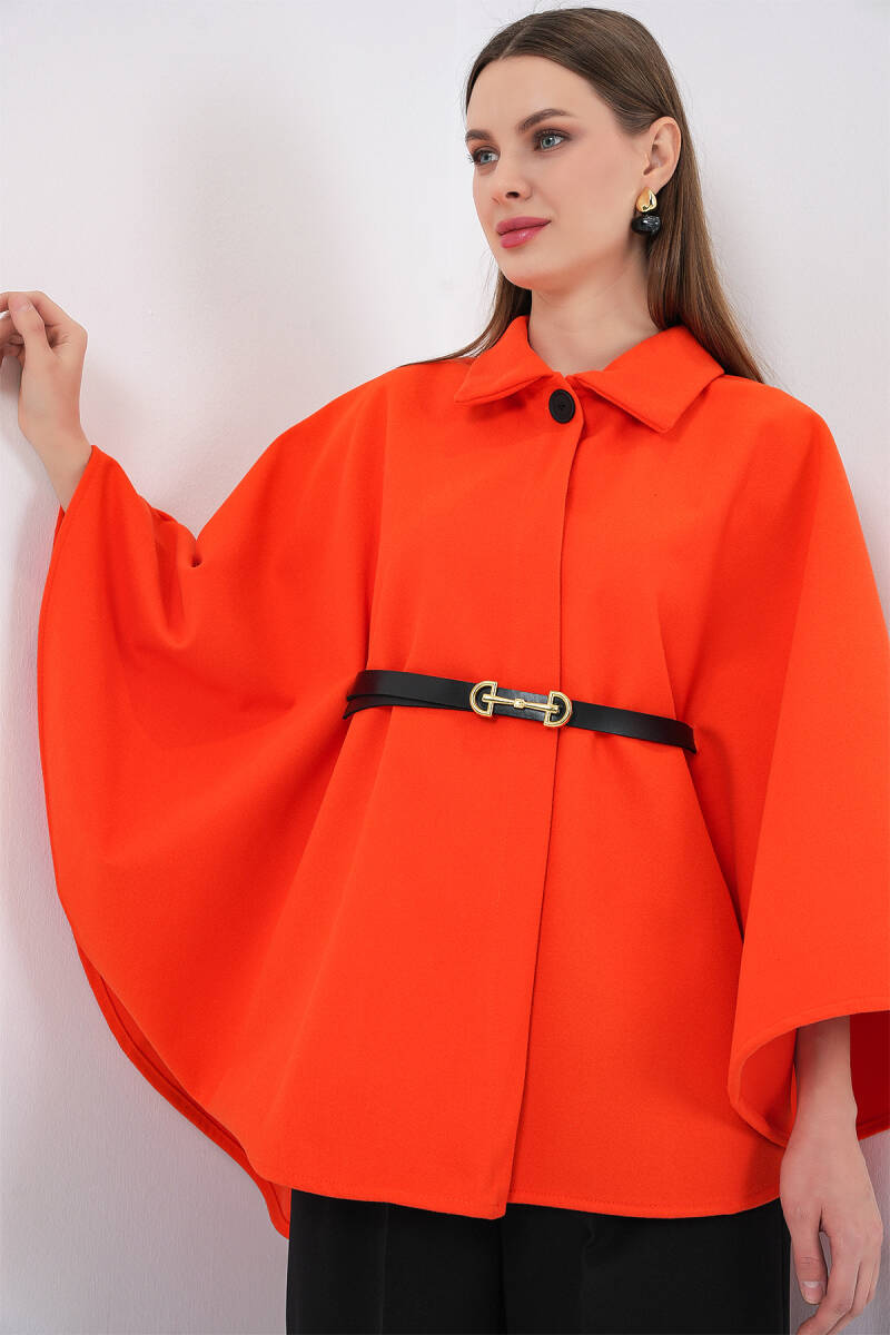 Kadın Kemerli Kaşe Panço 9170 - Turuncu - BİGDART