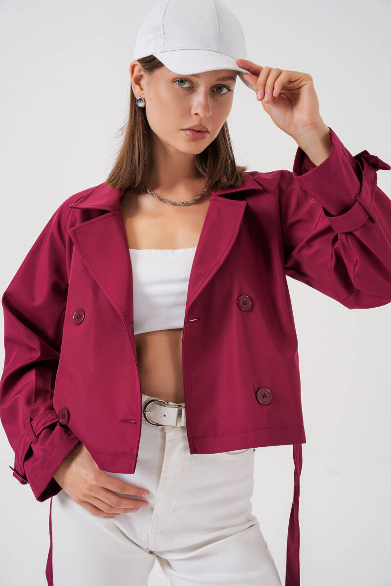 Kadın Kemerli Kısa Trençkot 5970 - Bordo - BİGDART