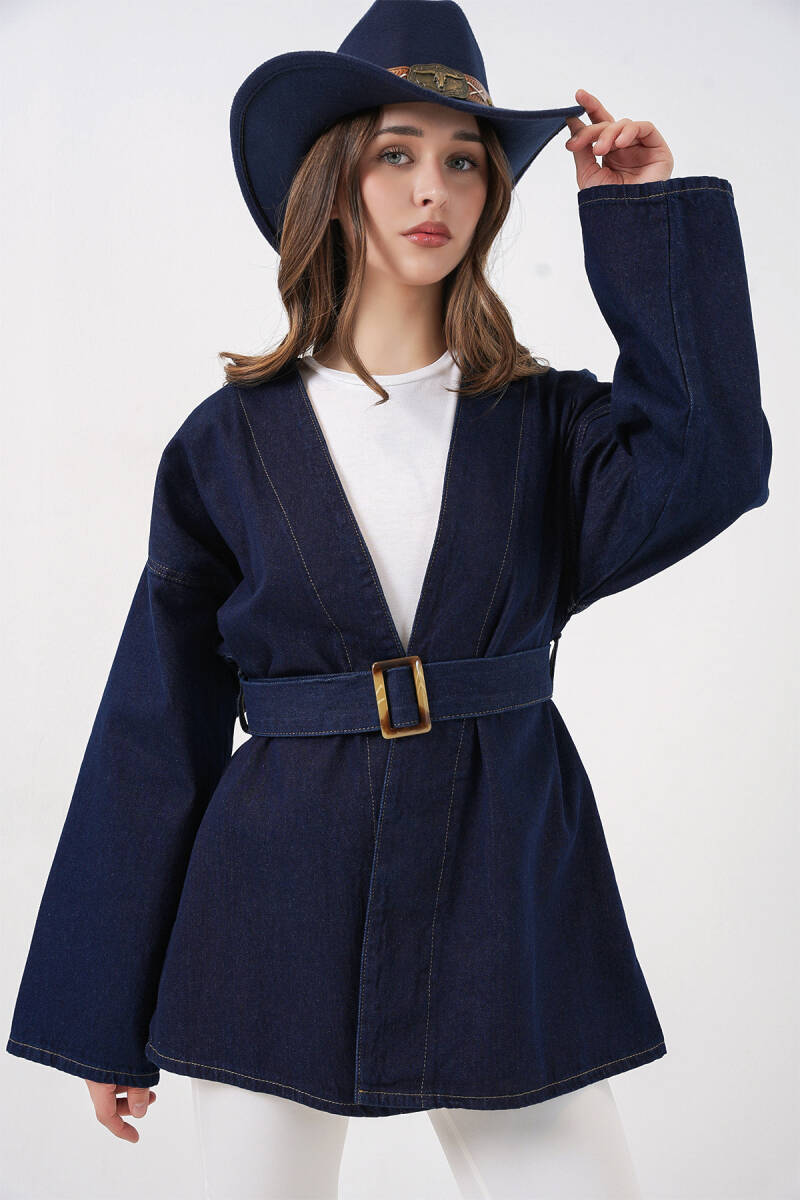 Kadın Kemerli Kot Ceket Tunik 5985 - Lacivert - BİGDART