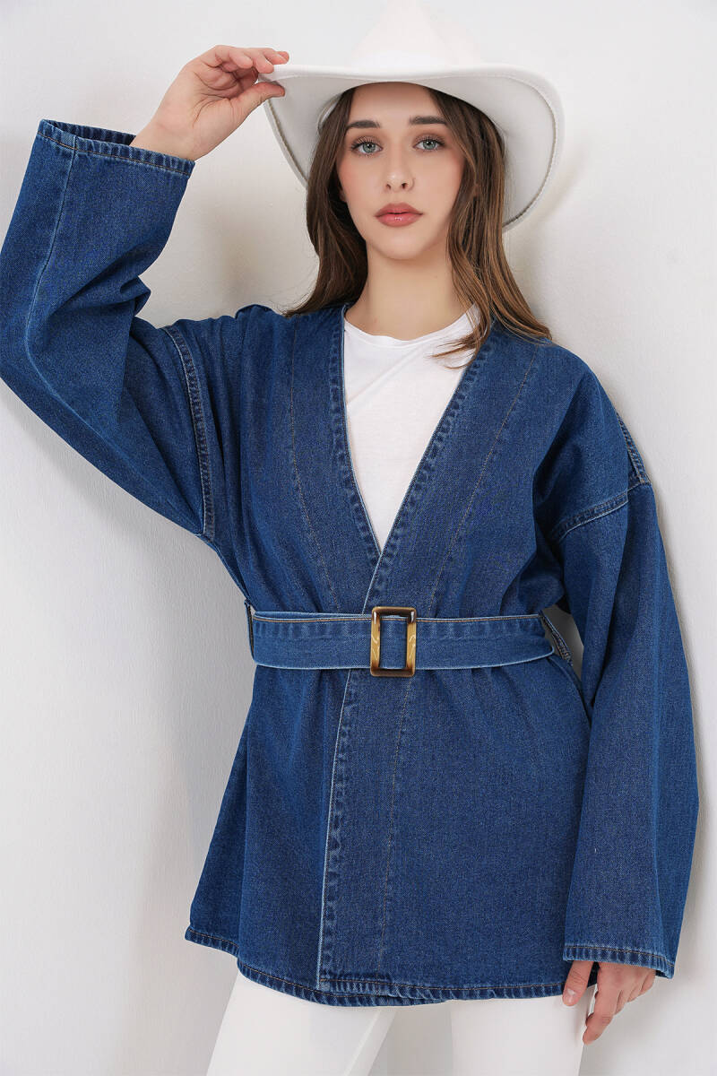 Kadın Kemerli Kot Ceket Tunik 5985 - Mavi - BİGDART