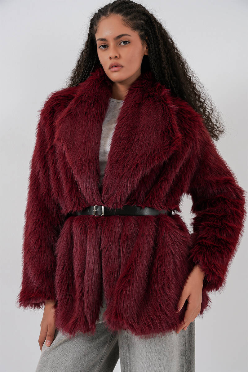 Kadın Kemerli Oversize Kürklü Kaban 9156 - Bordo - BİGDART