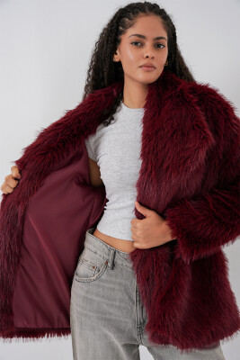 Kadın Kemerli Oversize Kürklü Kaban 9156 - Bordo - 2