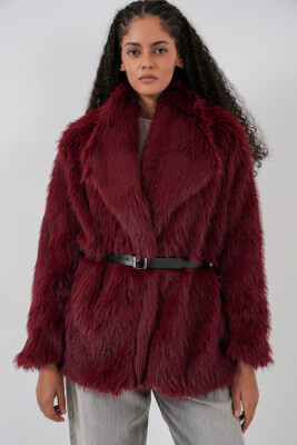 Kadın Kemerli Oversize Kürklü Kaban 9156 - Bordo - 3