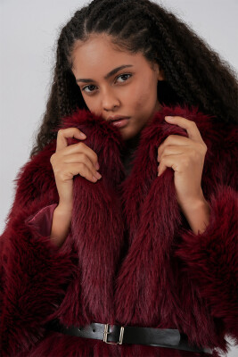 Kadın Kemerli Oversize Kürklü Kaban 9156 - Bordo - 4