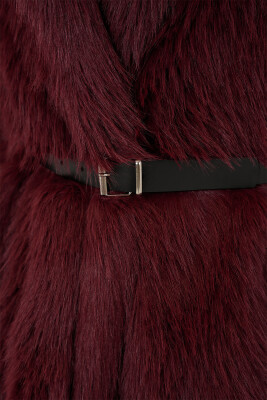 Kadın Kemerli Oversize Kürklü Kaban 9156 - Bordo - 5