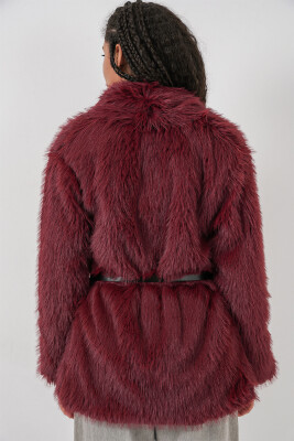 Kadın Kemerli Oversize Kürklü Kaban 9156 - Bordo - 6