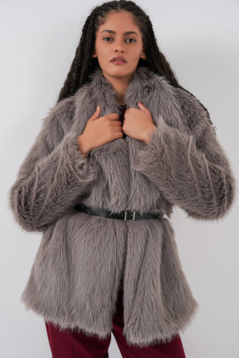 Kadın Kemerli Oversize Kürklü Kaban 9156 - Füme - BİGDART