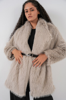 Kadın Kemerli Oversize Kürklü Kaban 9156 - Taş - 1