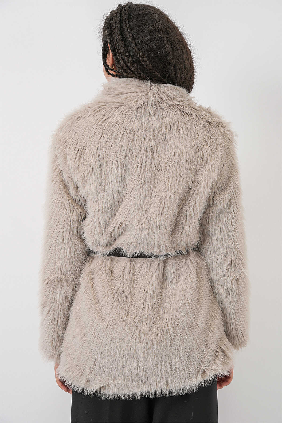 Kadın Kemerli Oversize Kürklü Kaban 9156 - Taş - 6