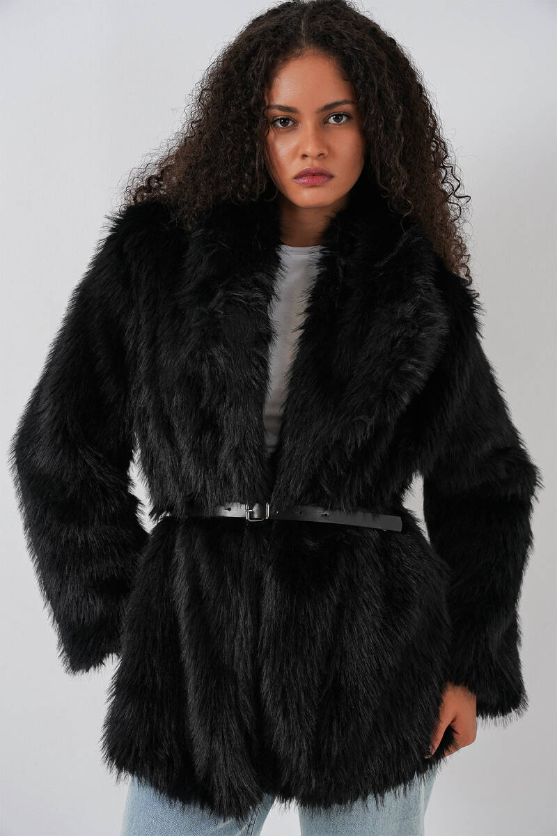 Kadın Kemerli Oversize Kürklü Kaban 9156 - Siyah - BİGDART