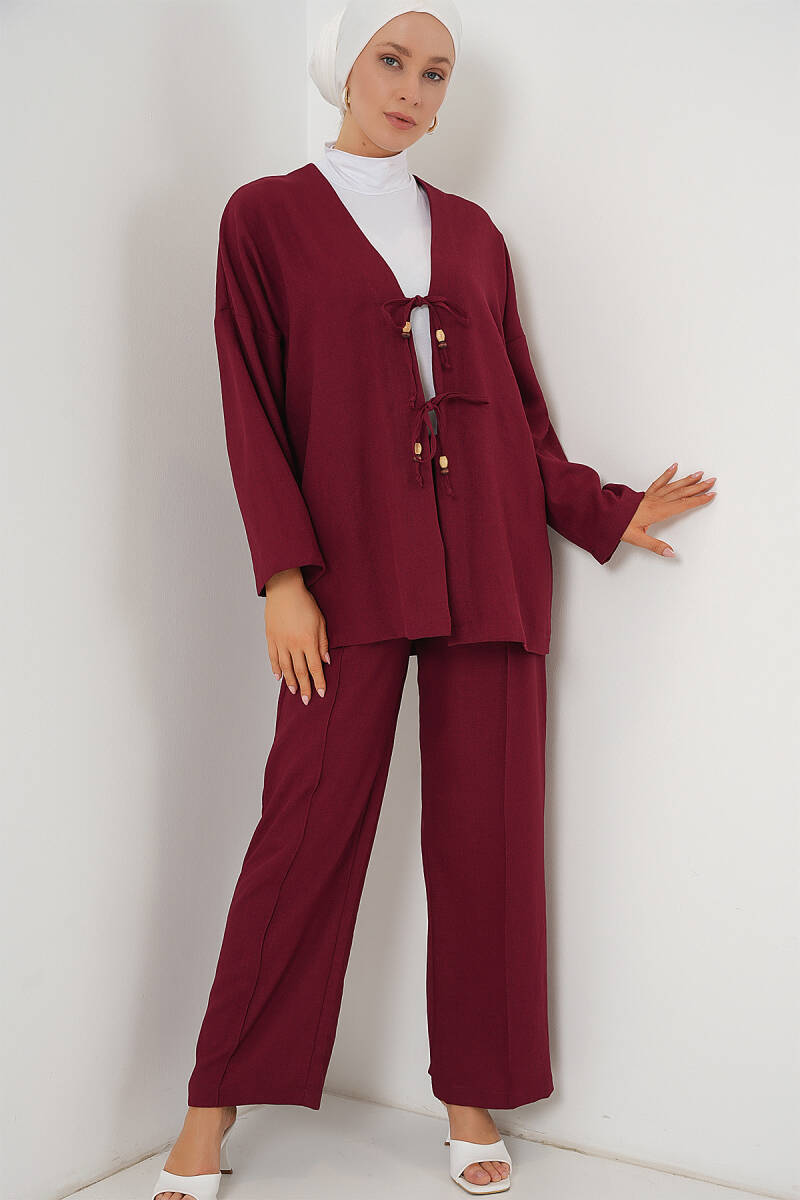 Kadın Keten Kimono İkili Takım 6727 - Bordo - BİGDART