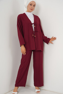 Kadın Keten Kimono İkili Takım 6727 - Bordo - BİGDART