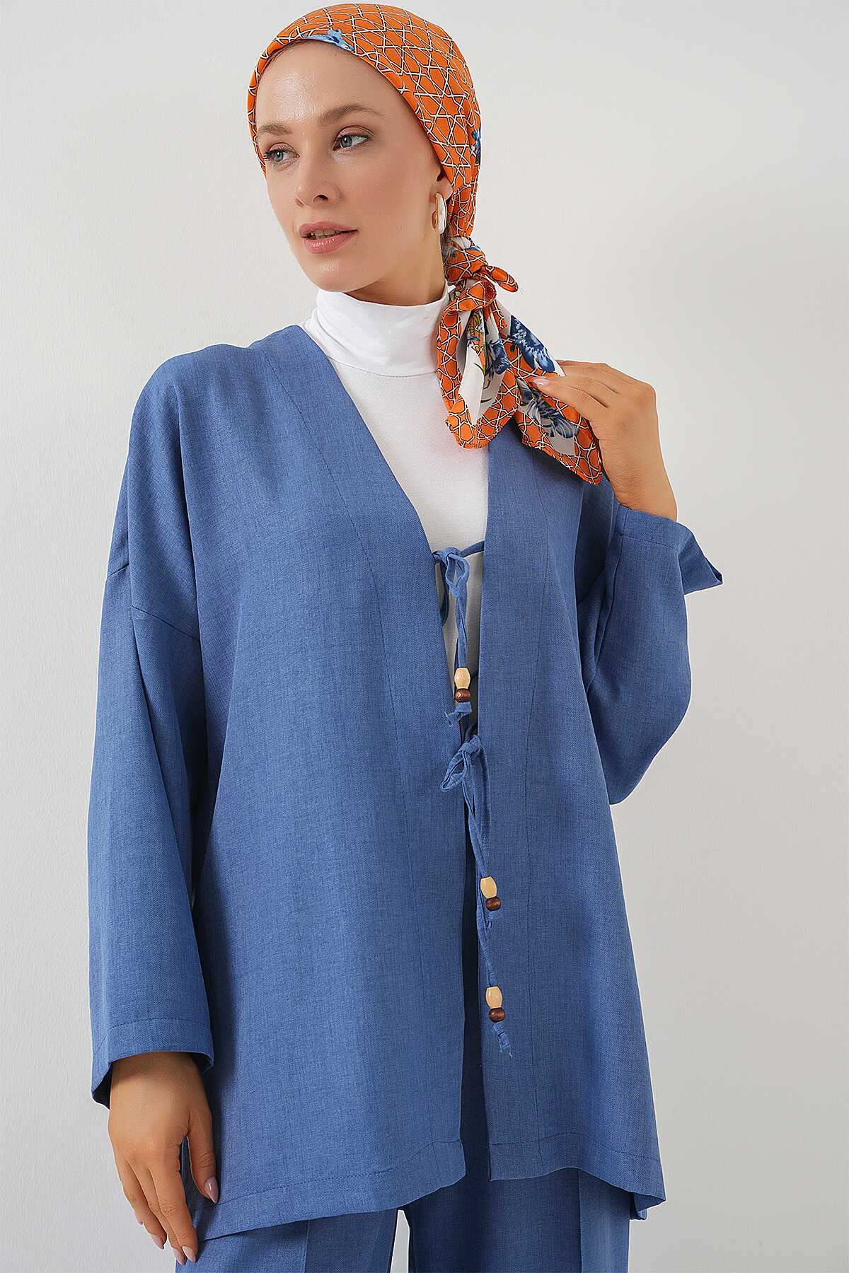 Kadın Keten Kimono İkili Takım 6727 - İndigo - 2