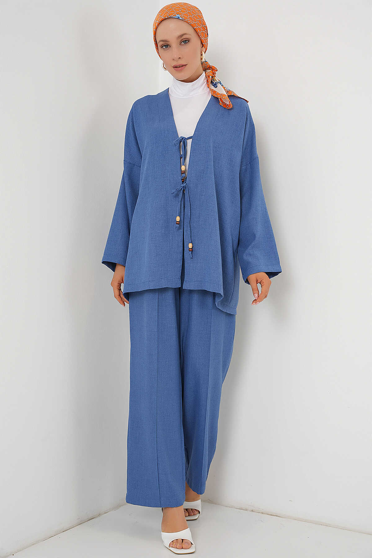 Kadın Keten Kimono İkili Takım 6727 - İndigo - 3