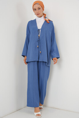 Kadın Keten Kimono İkili Takım 6727 - İndigo - 3