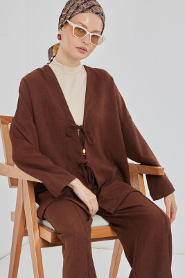 Kadın Keten Kimono İkili Takım 6727 - Kahverengi - 3