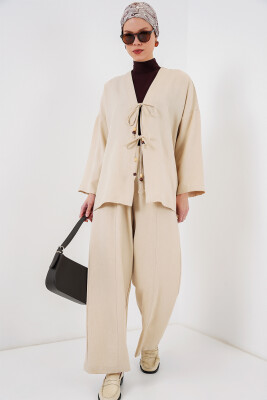 Kadın Keten Kimono İkili Takım 6727 - Krem 
