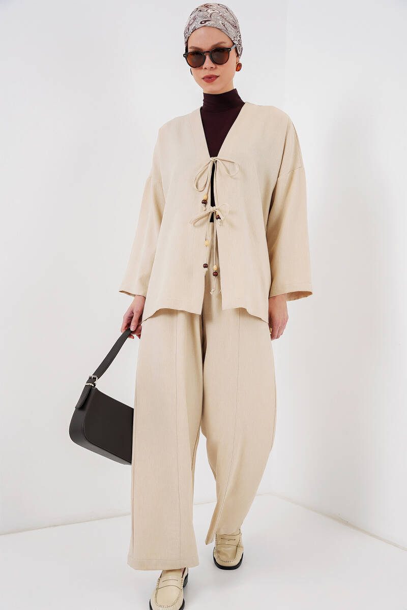 Kadın Keten Kimono İkili Takım 6727 - Krem - BİGDART