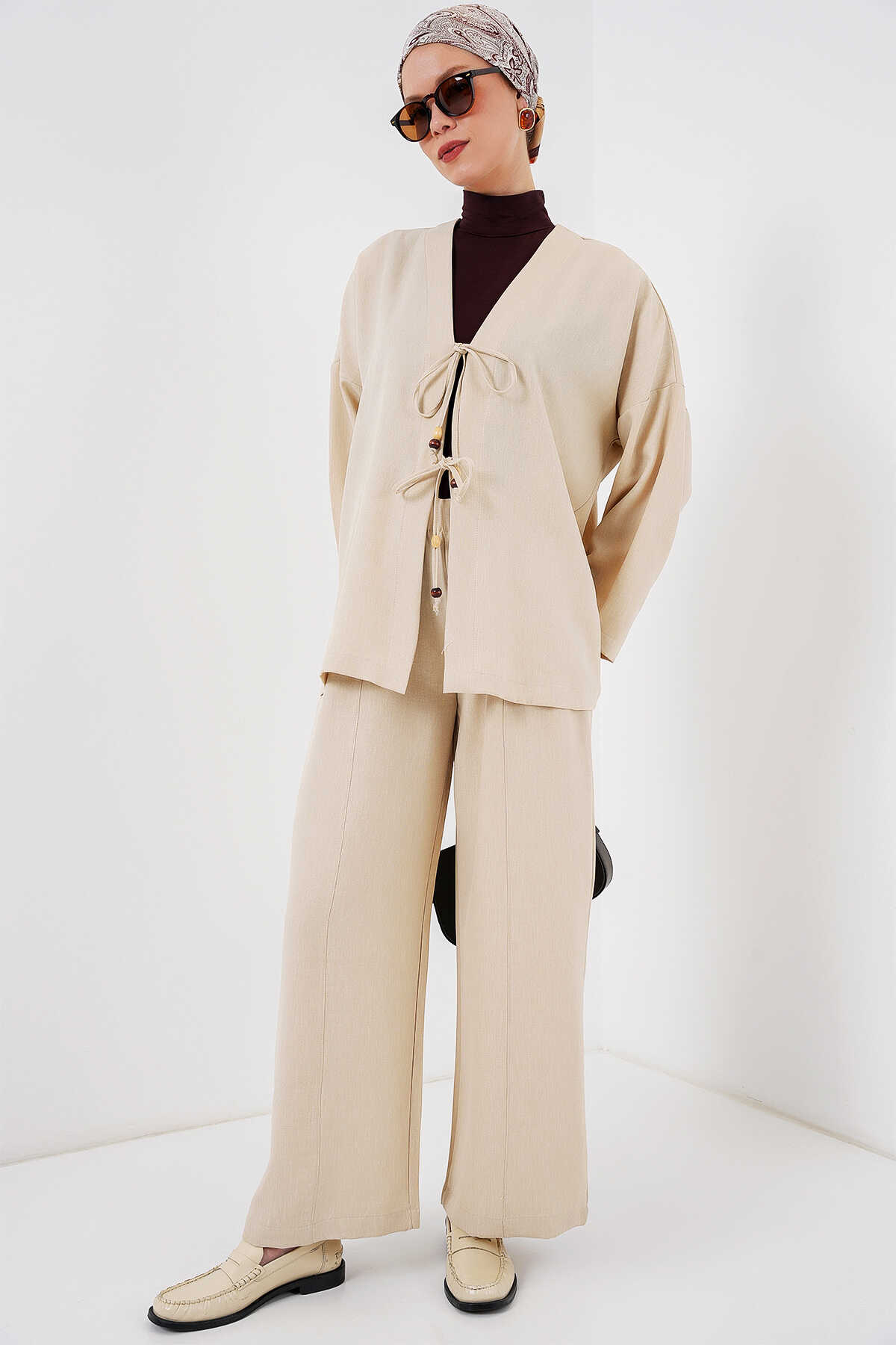Kadın Keten Kimono İkili Takım 6727 - Krem - 4