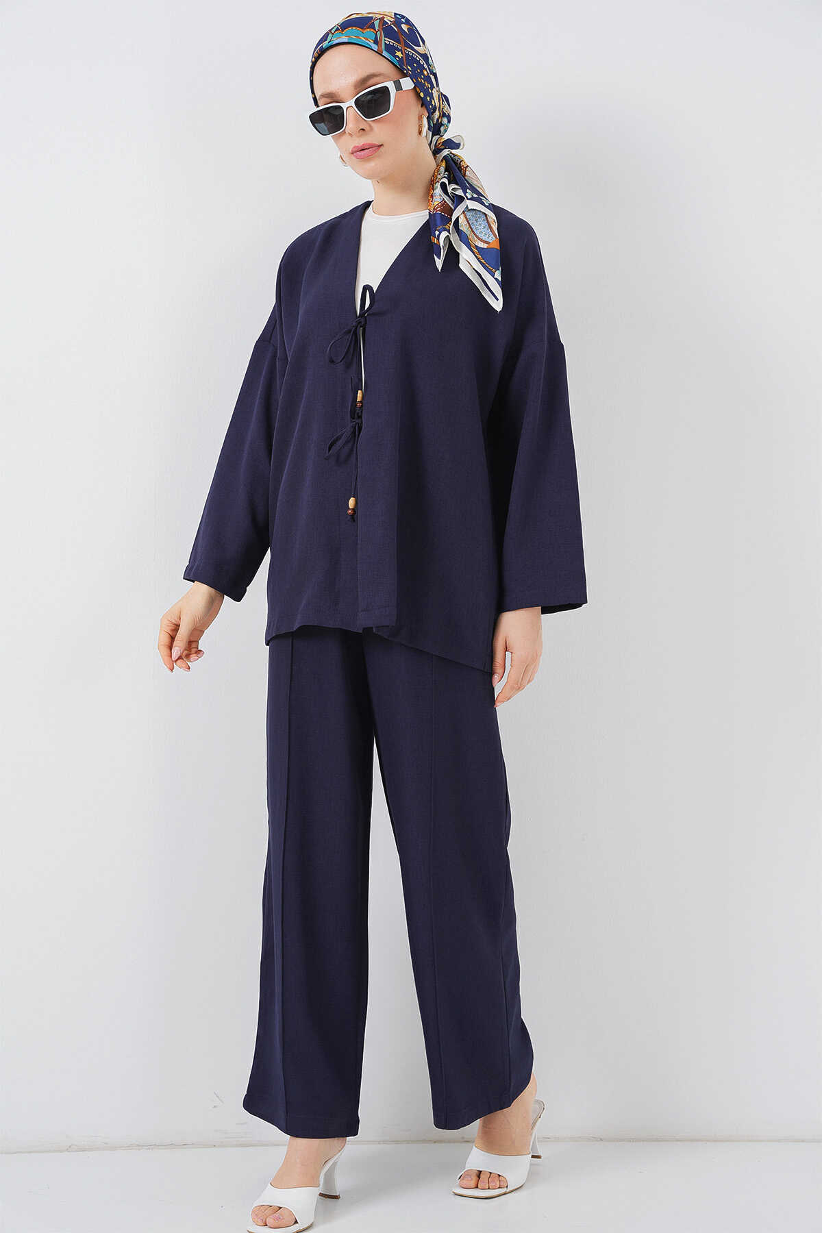 Kadın Keten Kimono İkili Takım 6727 - Lacivert - 1