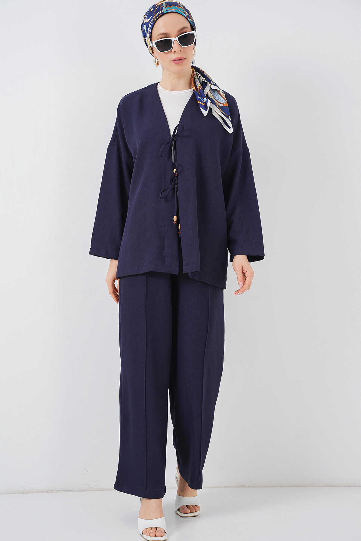 Kadın Keten Kimono İkili Takım 6727 - Lacivert - 2