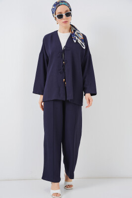 Kadın Keten Kimono İkili Takım 6727 - Lacivert - 2