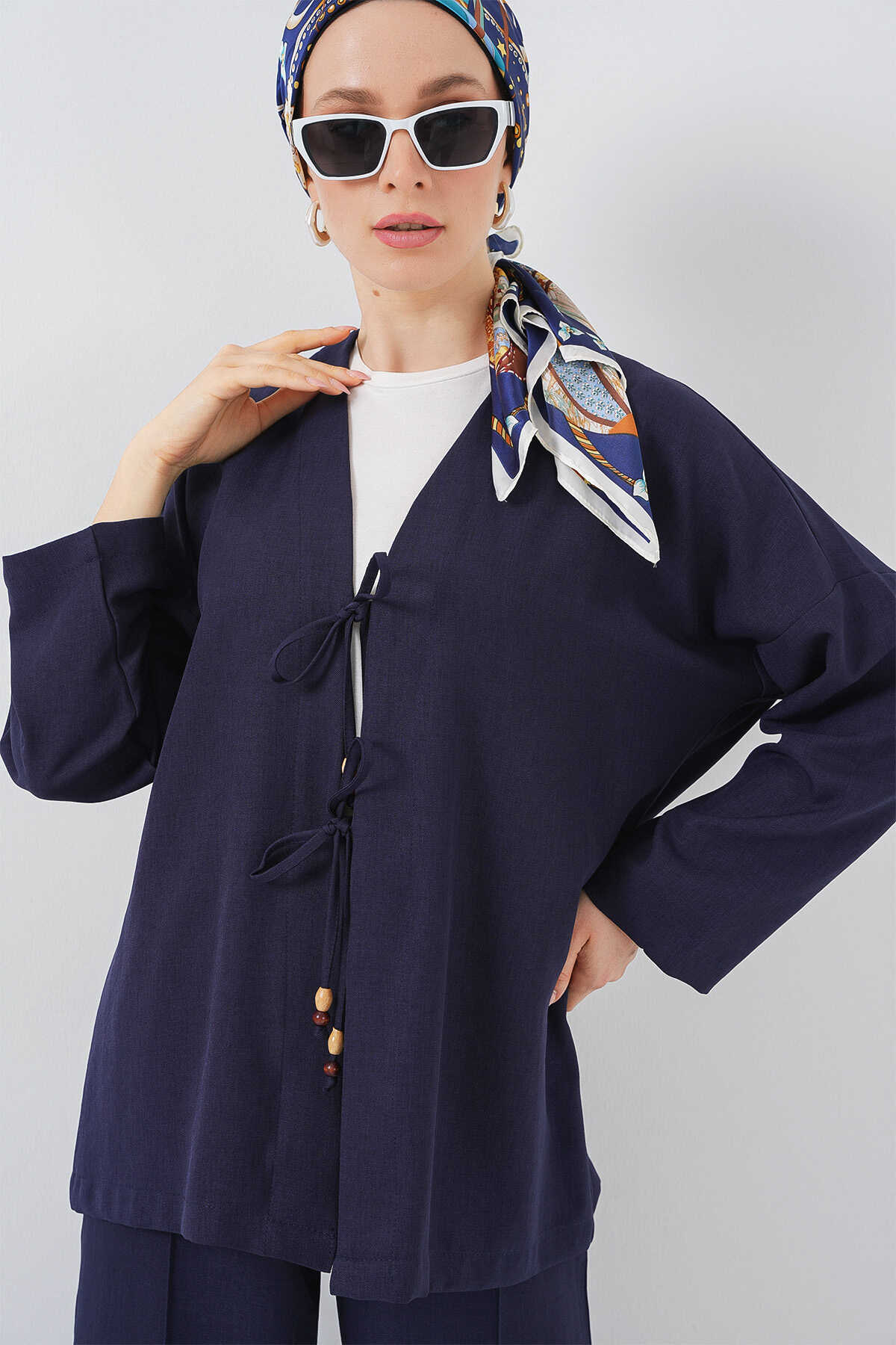 Kadın Keten Kimono İkili Takım 6727 - Lacivert - 4