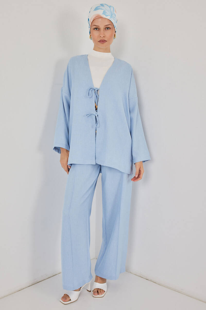 Kadın Keten Kimono İkili Takım 6727 - Mavi - BİGDART