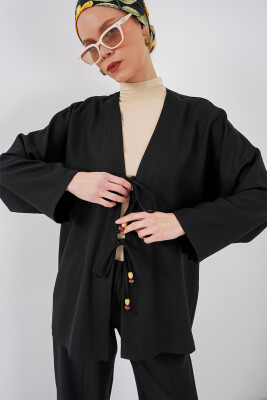 Kadın Keten Kimono İkili Takım 6727 - Siyah - 2