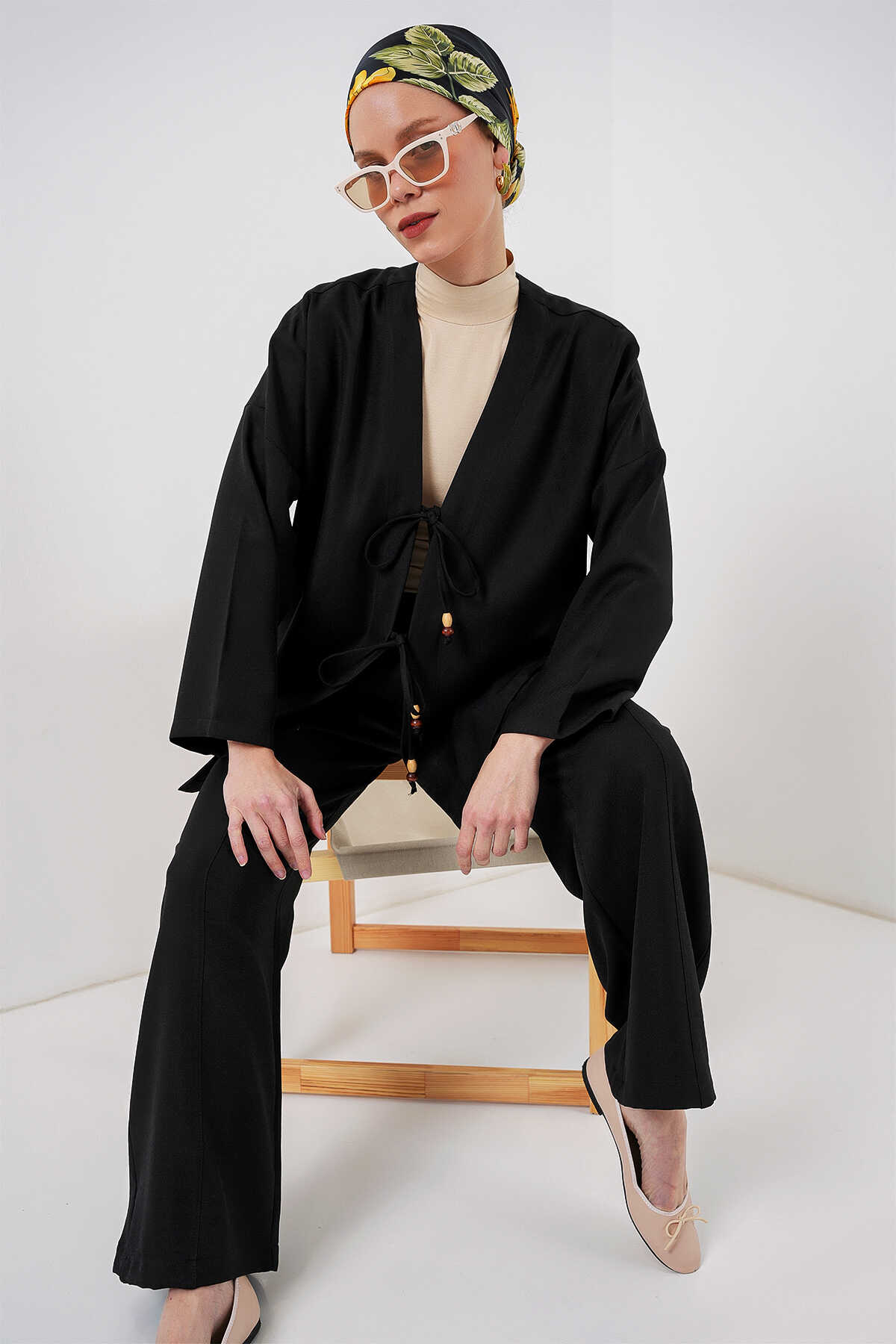 Kadın Keten Kimono İkili Takım 6727 - Siyah - 3