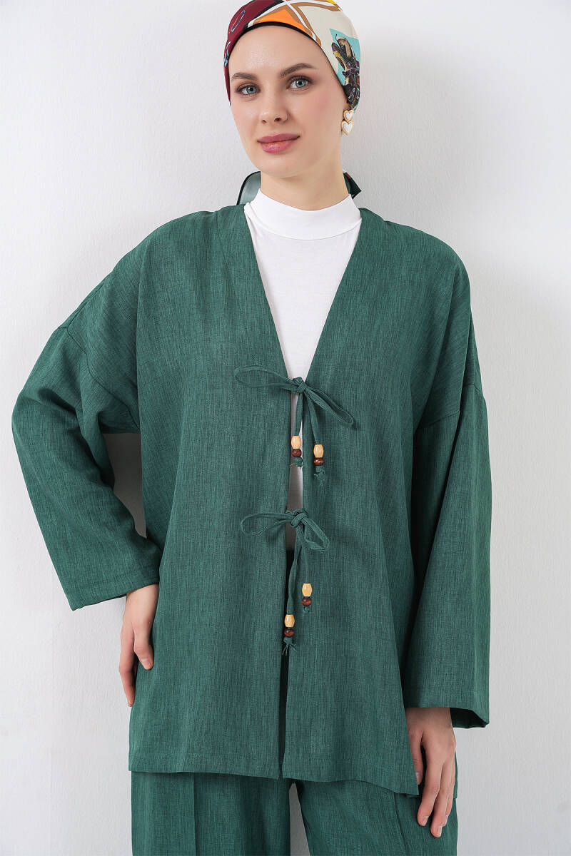Kadın Keten Kimono İkili Takım 6727 - Zümrüt Yeşili (1)