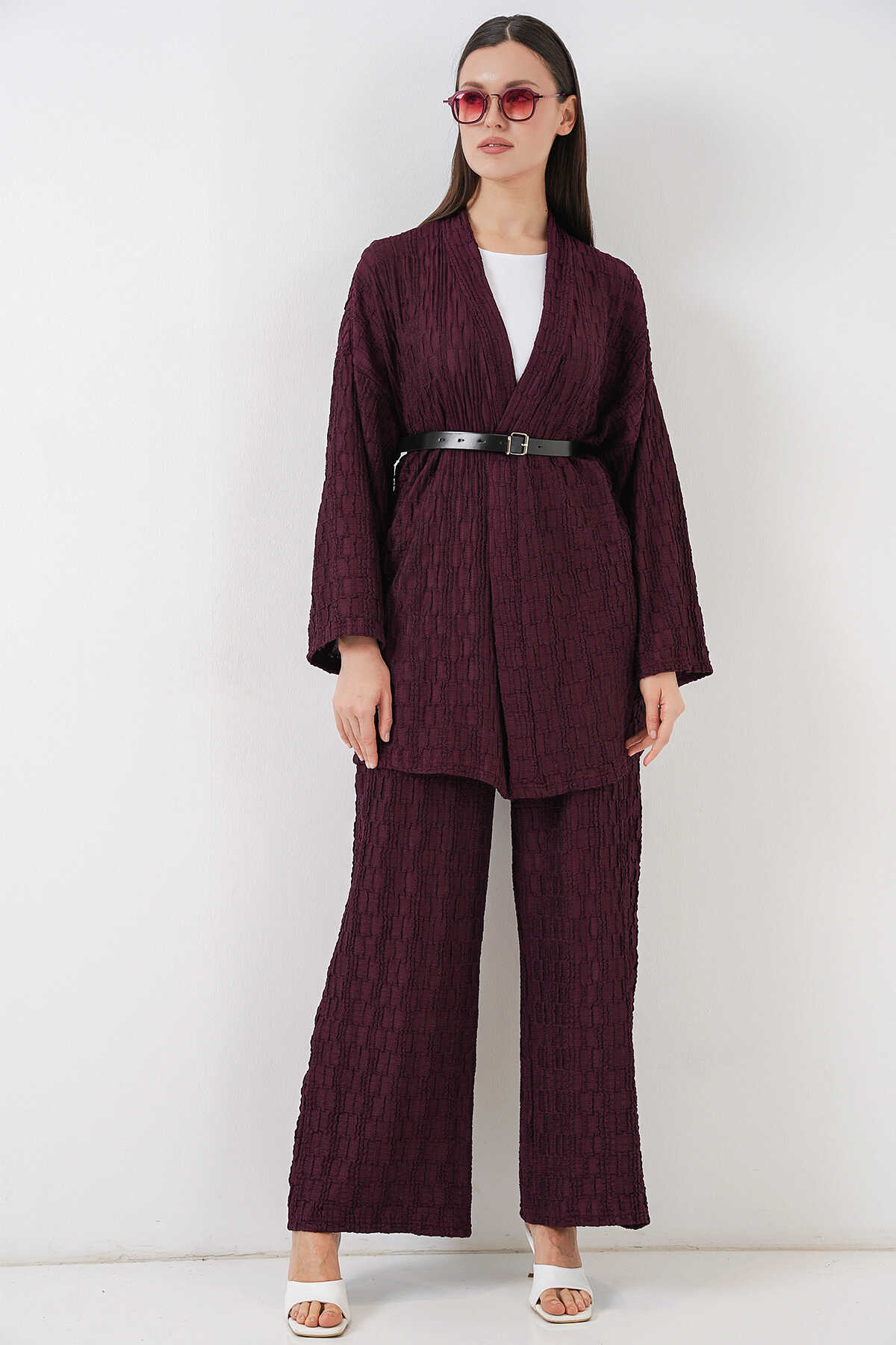 Kadın Kimono Pantolon İkili Takım 30078 - Bordo - BİGDART