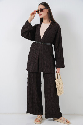 Kadın Kimono Pantolon İkili Takım 30078 - Kahverengi - 4