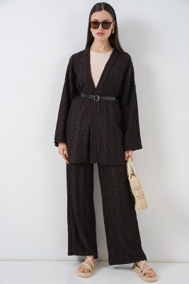 Kadın Kimono Pantolon İkili Takım 30078 - Kahverengi - 6