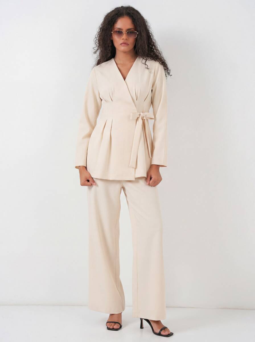 Kadın Kimono Pantolon Kumaş Takım 30054 - Bej - BİGDART