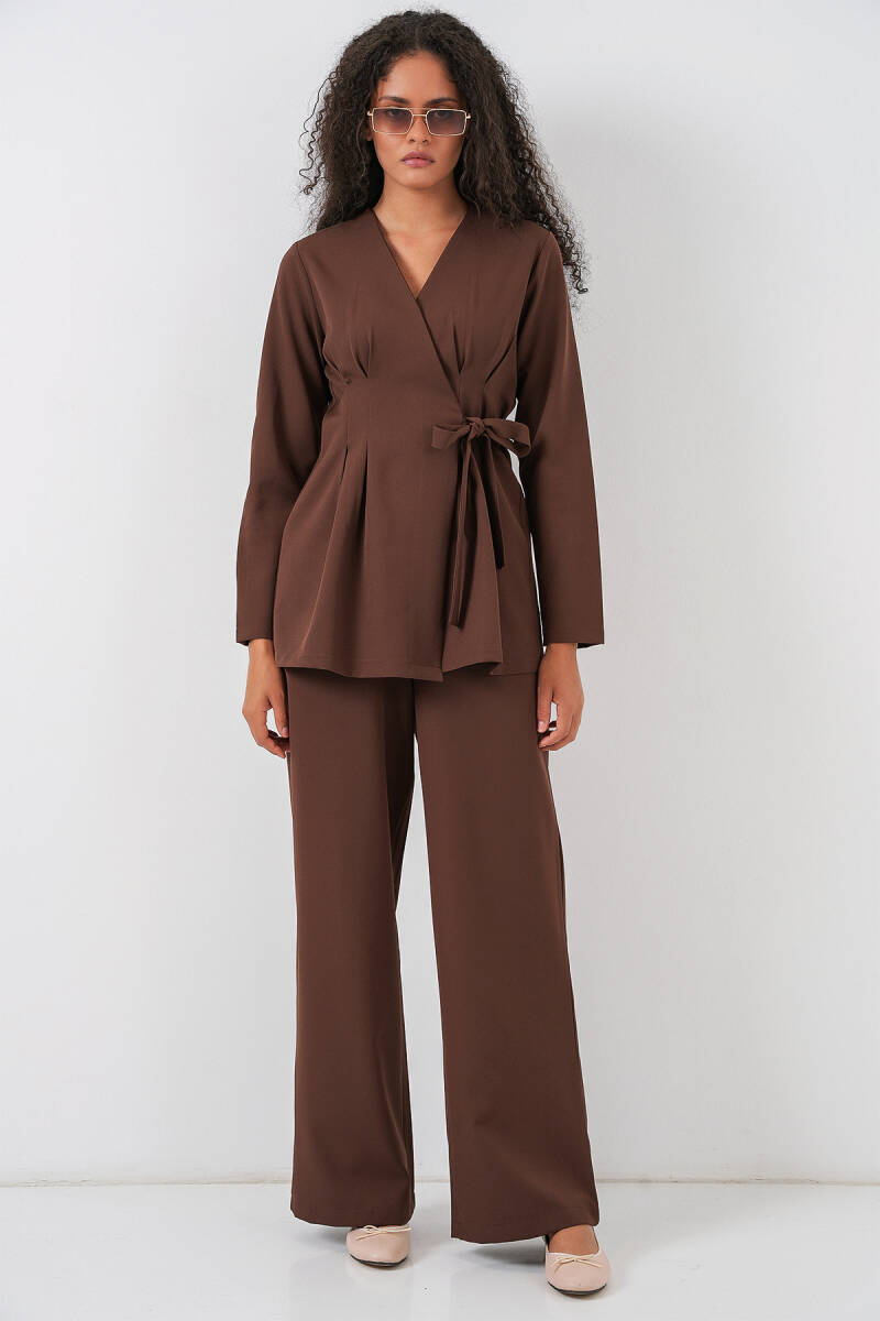 Kadın Kimono Pantolon Kumaş Takım 30054 - Kahverengi - BİGDART